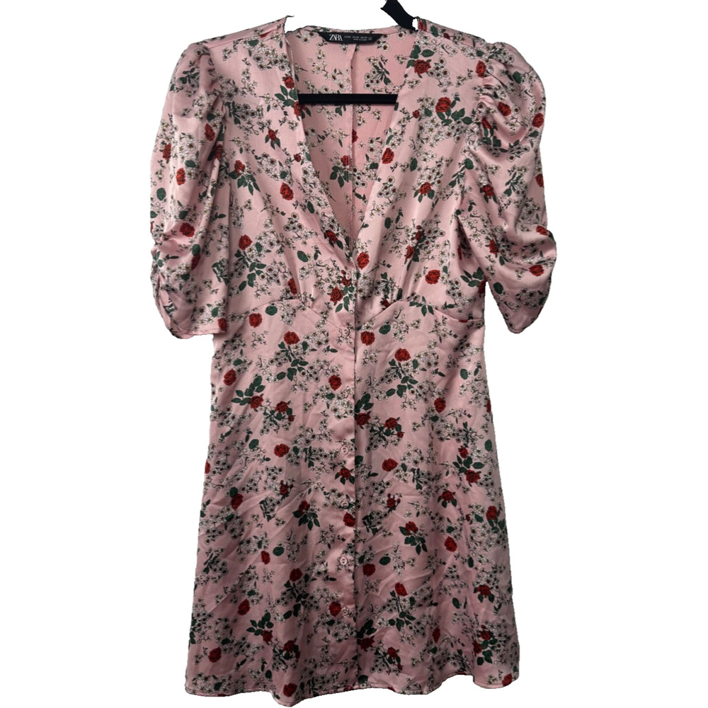 Zara Dress Women's Size XS Floral Light Weight Pink V-Neck Spring Summer D15